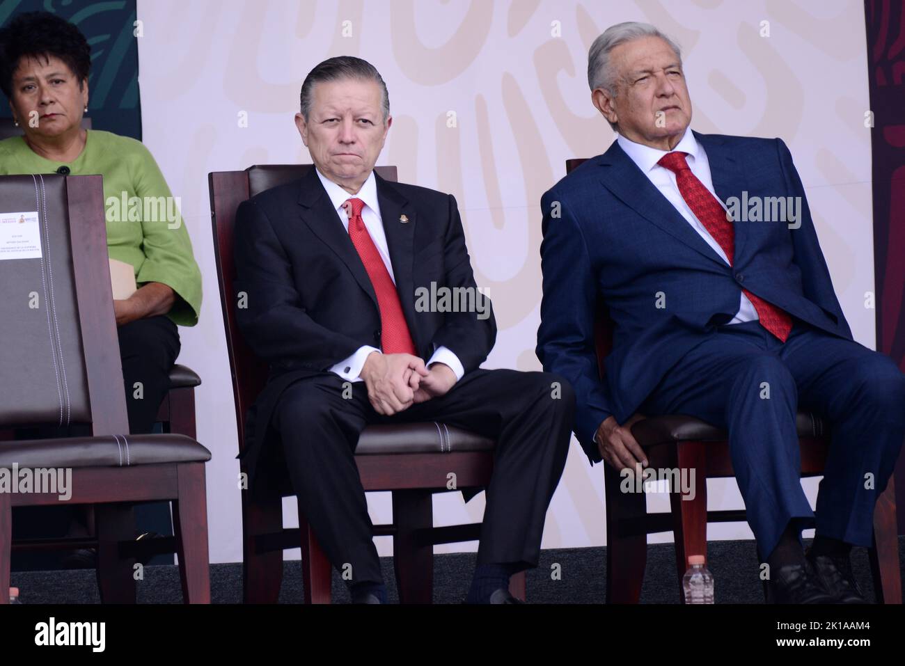 Mexico City, Mexico. 16th Sep, 2022. Mexico's President Andres Manuel Lopez Obrador accompanied by and president of the Supreme Court of Justice Arturo Zaldivar during the ceremony of the civic-military parade as part of the commemoration of the 212th Anniversary of the beginning of Mexico's Independence in the downtown. on September 16, 2022 in Mexico City, Mexico. Credit: ZUMA Press, Inc./Alamy Live News Stock Photo