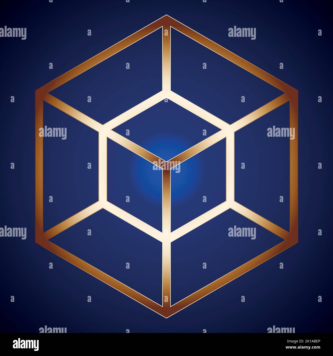 Gold Hypercube Sacred Geometry in dark blue background Stock Vector