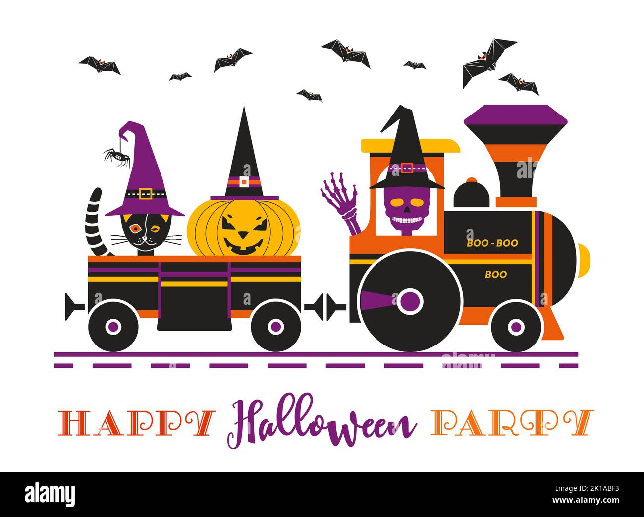 Happy Halloween holiday fun train party vector poster. Cute comic spooky pumpkin, black cat in wagon, scary skull cartoon. Horror night fun event Stock Vector