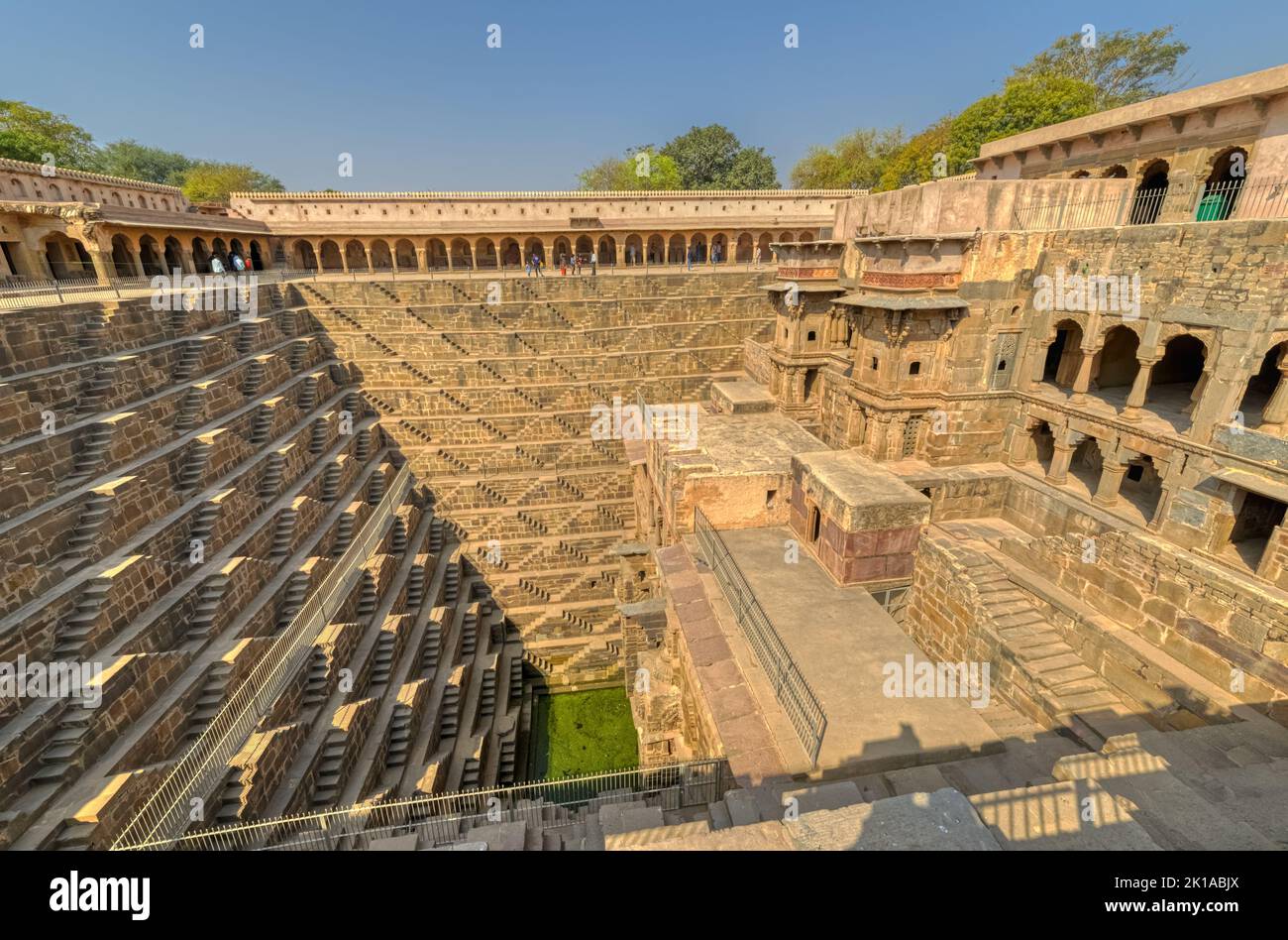 A panorama view across the giant Ancient Chand Baori Stepwell of Abhaneri Stock Photo