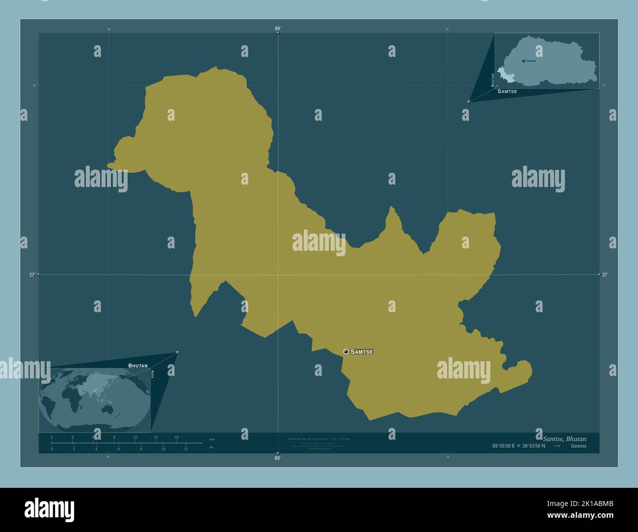 Samtse, district of Bhutan. Solid color shape. Locations and names of ...