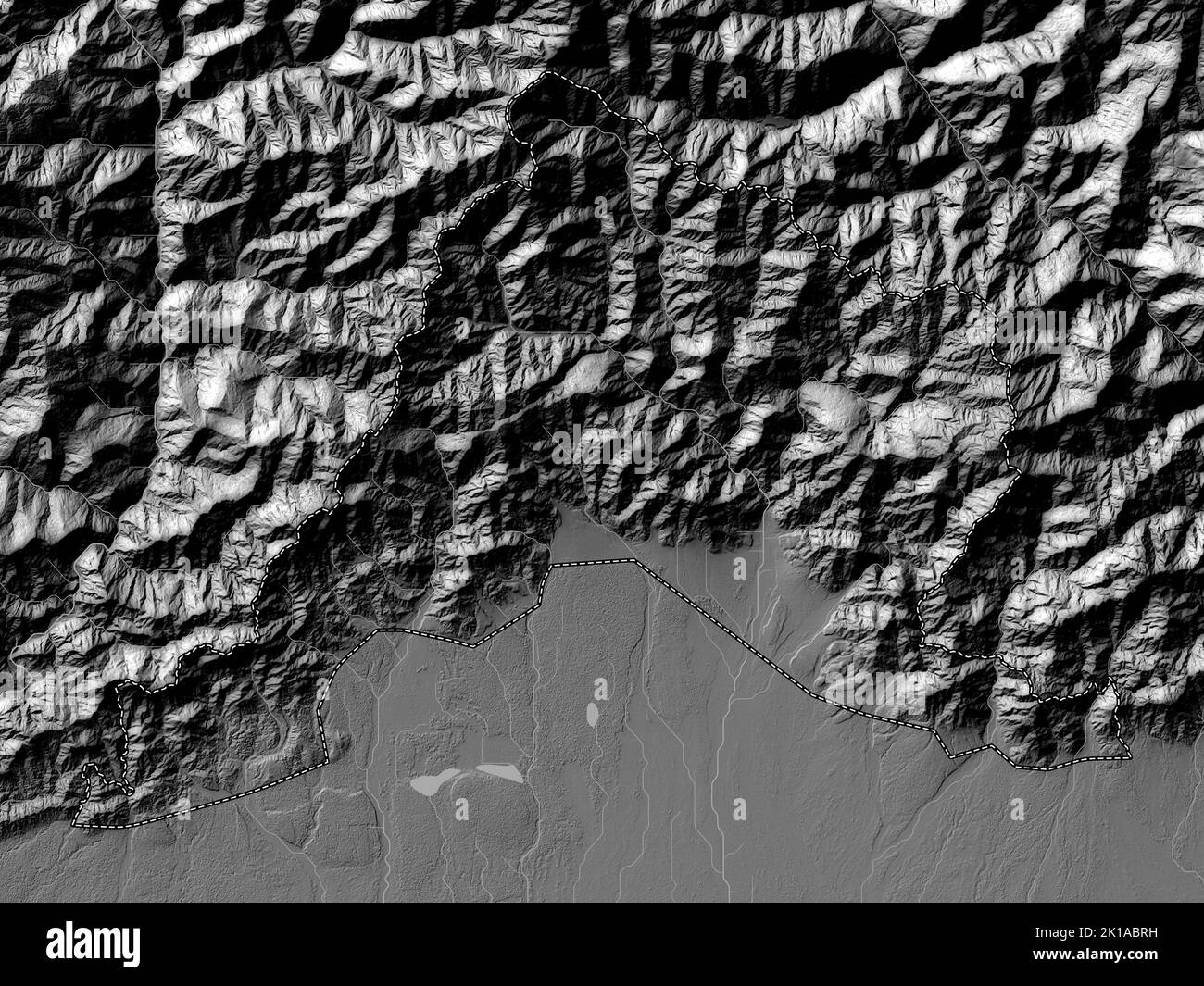 Sarpang, district of Bhutan. Bilevel elevation map with lakes and rivers Stock Photo
