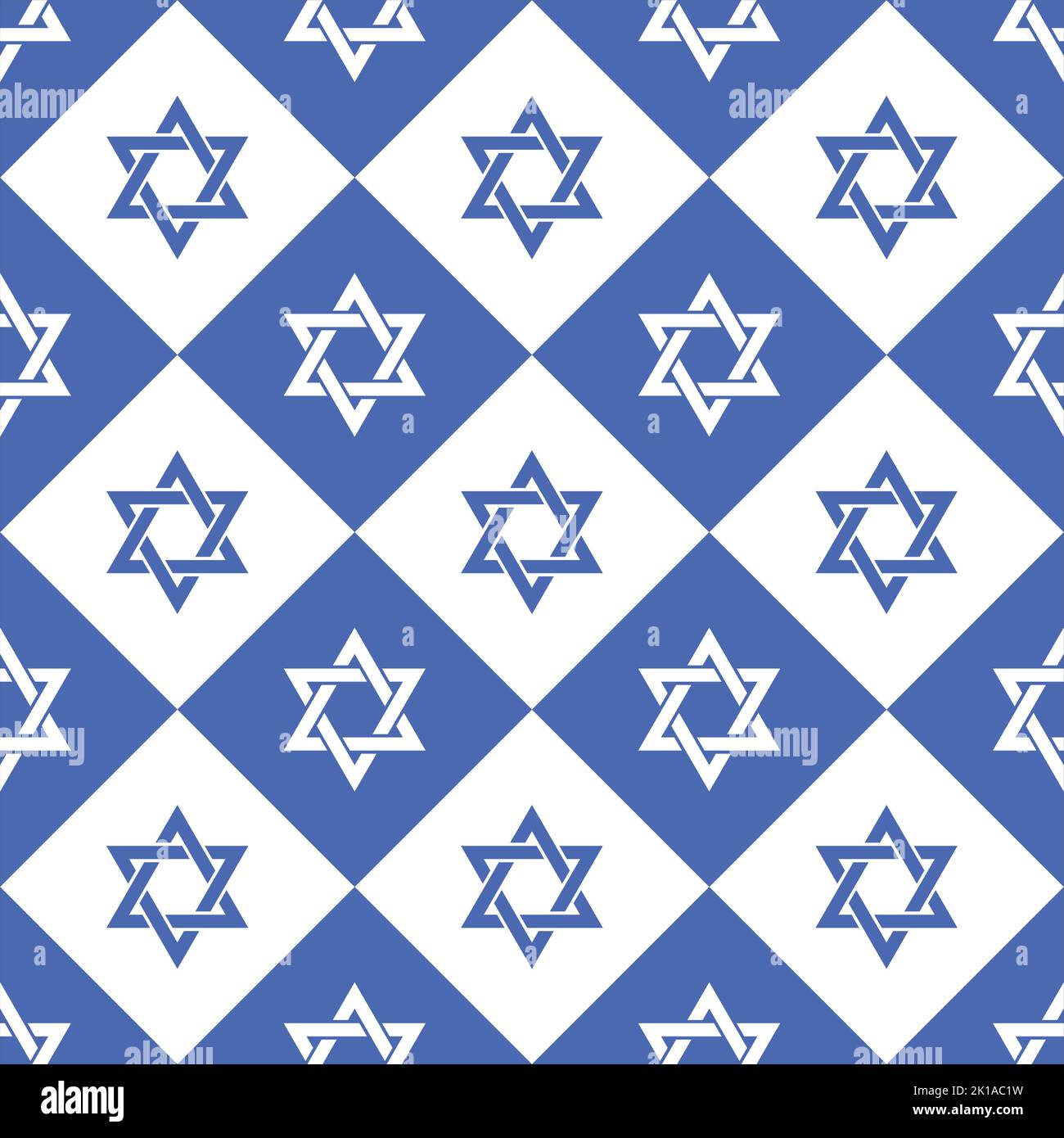 Stars and diagonal squares seamless pattern. The Star of David is an ancient Jewish symbol in the form of a hexagram.  State symbol of Israel. Stock Vector