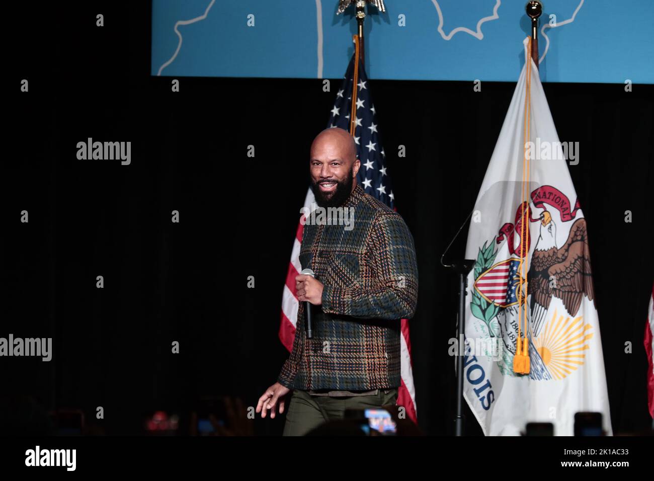 Chicago, USA. 16th Sep, 2022. American rapper and actor Lonnie Rashid Lynn, known by his stage name Common, participates in a political event with Governor JB Pritzker at the University of Illinois, in Chicago, IL, on September 16, 2022. (Photo by Mustafa Hussain/Sipa USA) Credit: Sipa USA/Alamy Live News Stock Photo