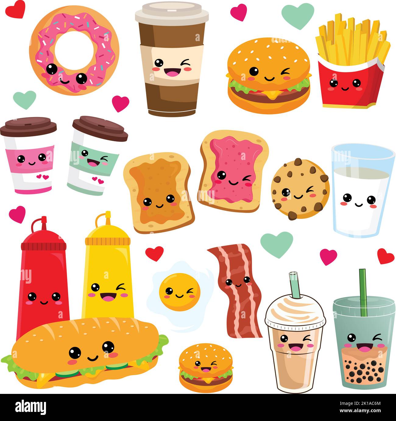 Kawaii breakfast. Various tasty food with faces Vector Set Of Cute Anime Cartoon coffee egg hamburger french fries Stock Vector