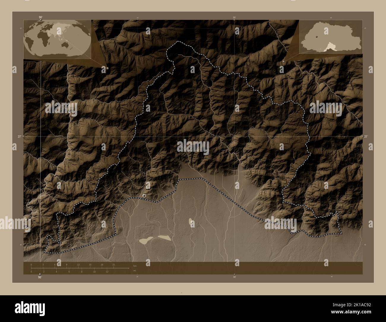 Sarpang, district of Bhutan. Elevation map colored in sepia tones with lakes and rivers. Locations of major cities of the region. Corner auxiliary loc Stock Photo