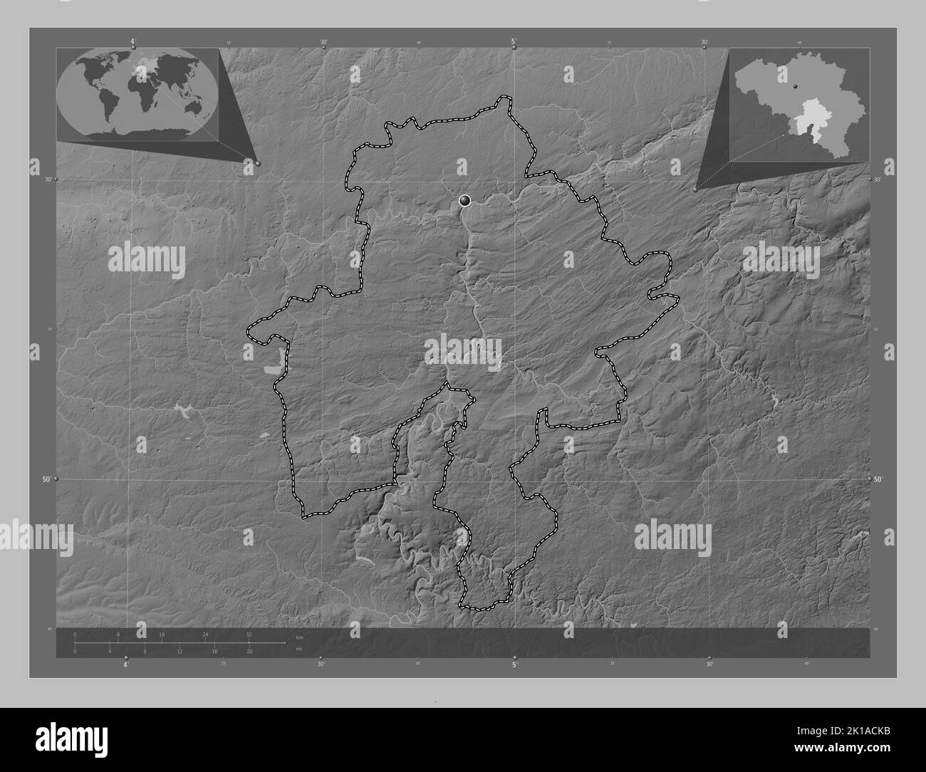 Namur, province of Belgium. Grayscale elevation map with lakes and