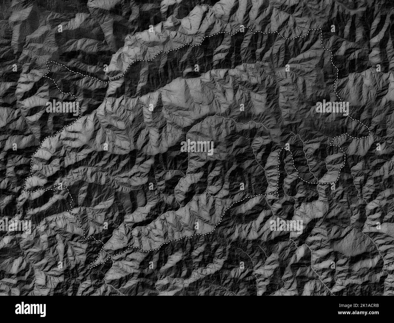 Trashigang, district of Bhutan. Grayscale elevation map with lakes and rivers Stock Photo