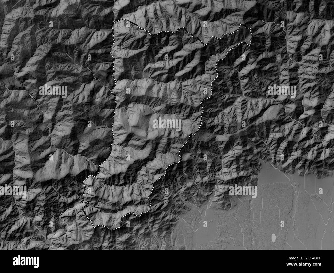 Tsirang, district of Bhutan. Grayscale elevation map with lakes and rivers Stock Photo