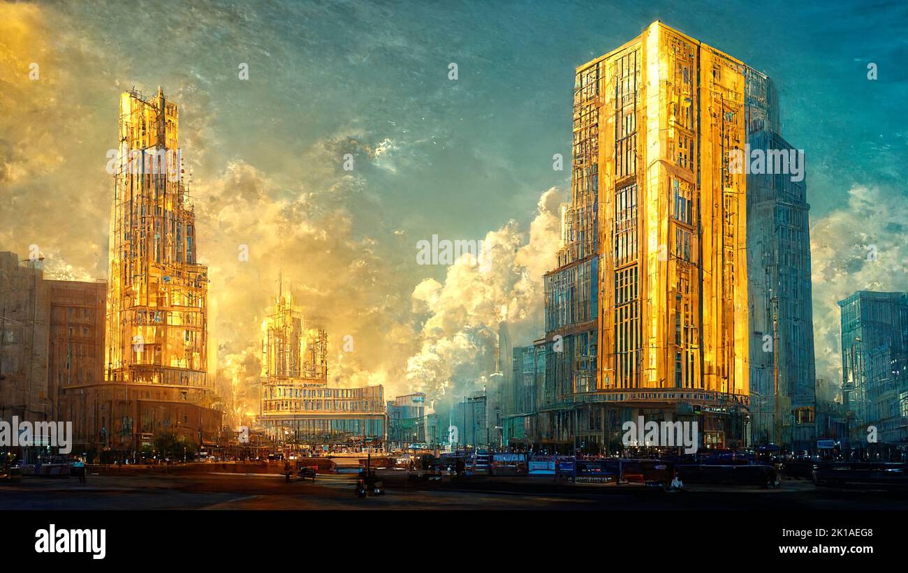 A view of the city growing in the golden glow of the summer sun, Digital Generate Image Stock Photo