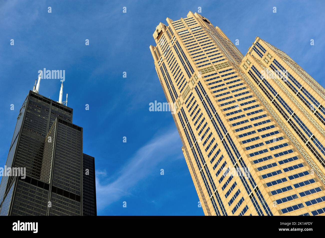 Chicago, Illinois, USA. Tall neighbors, the Willis Tower (formerly Sears Tower) the 311 S. Wacker Drive Building. Stock Photo