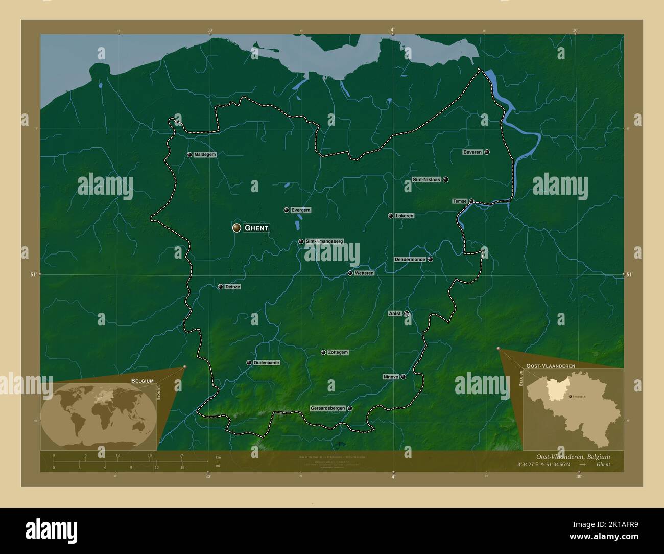 Oost-Vlaanderen, province of Belgium. Colored elevation map with lakes ...