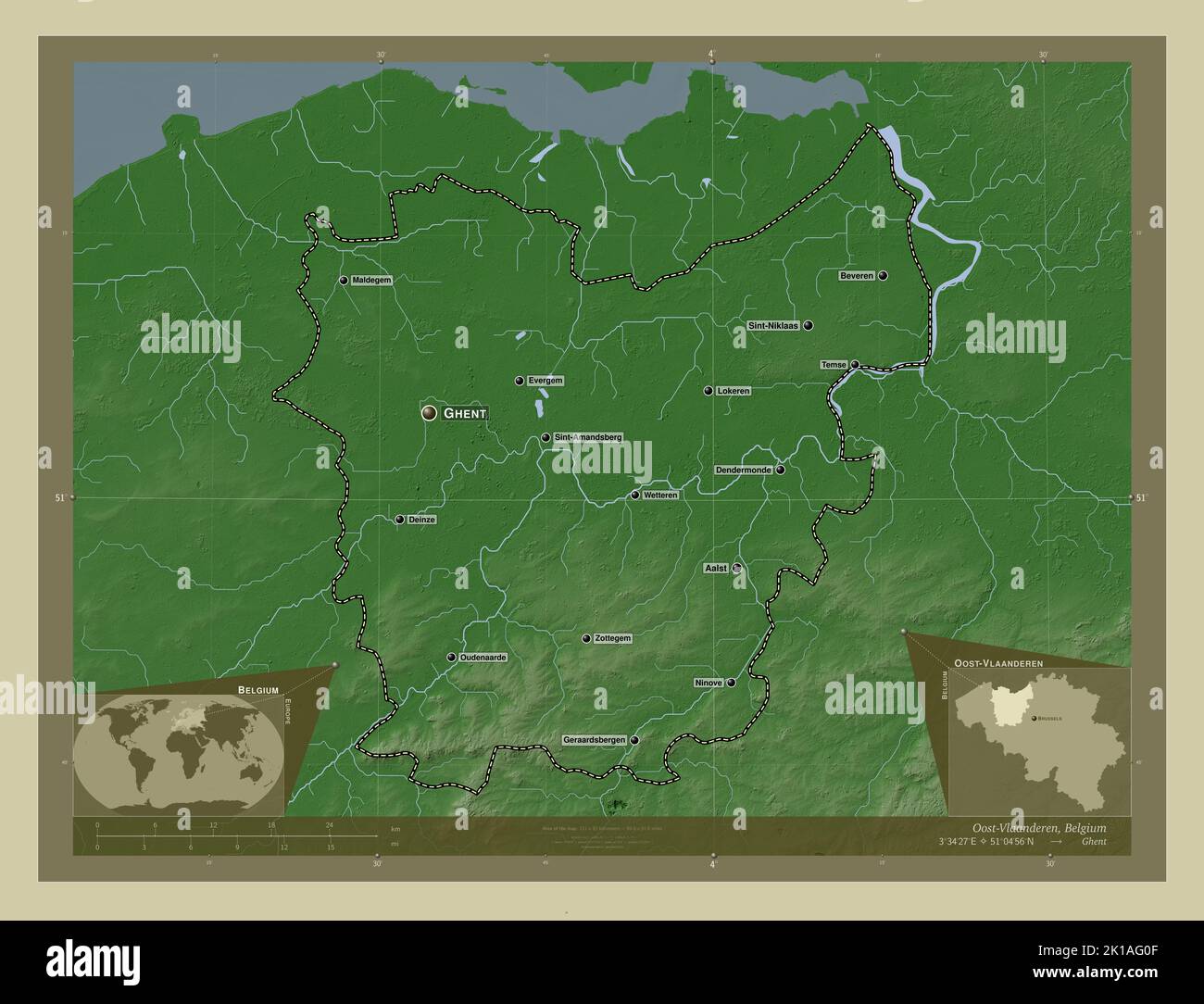 Oost-Vlaanderen, province of Belgium. Elevation map colored in wiki ...
