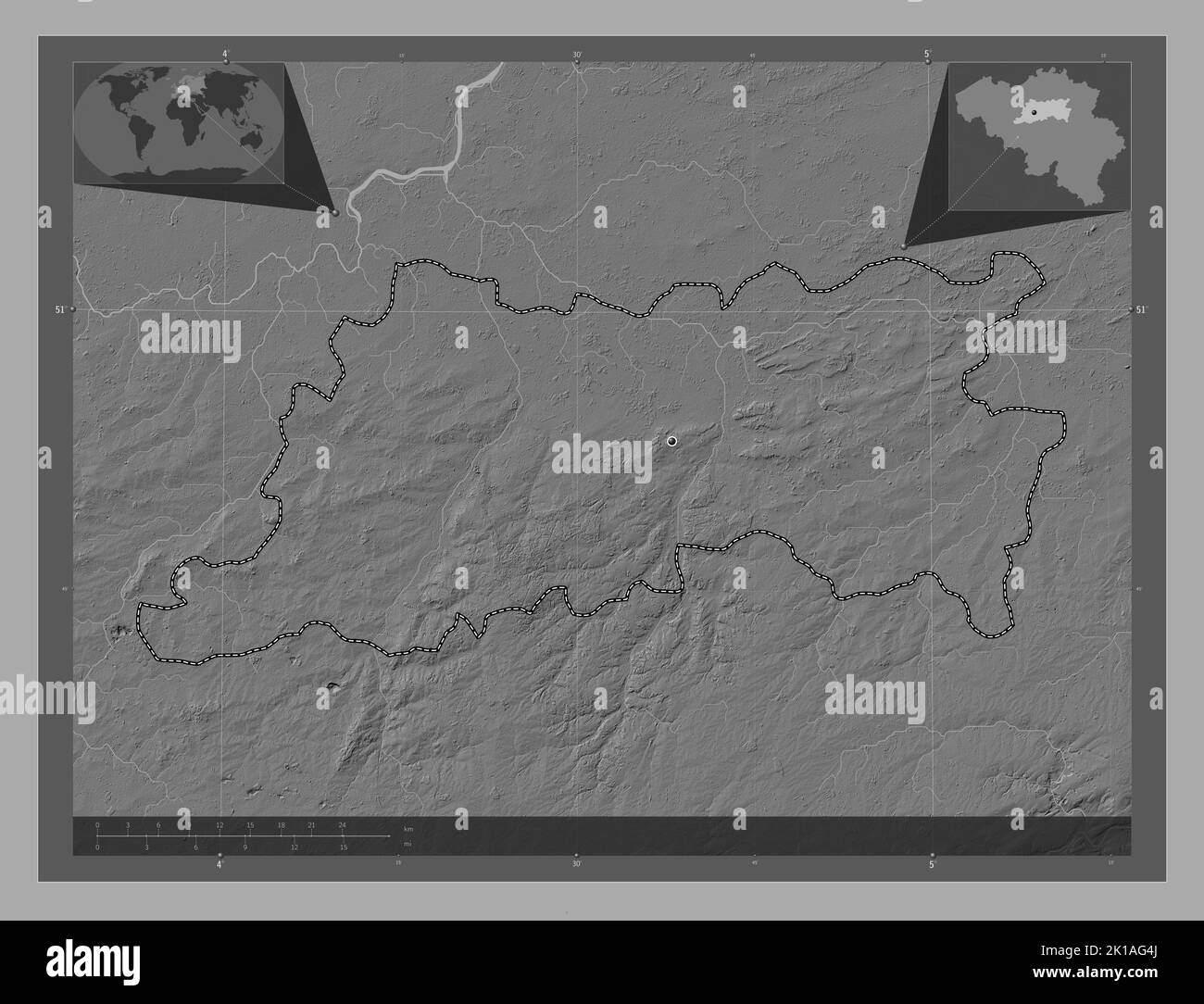 Vlaams Brabant, province of Belgium. Bilevel elevation map with lakes