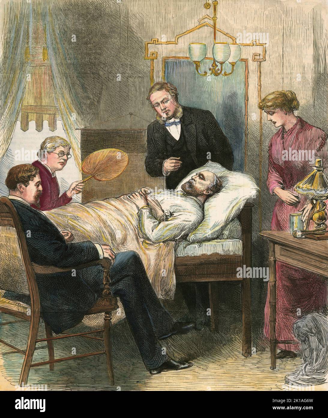 President James Garfield lying wounded in his bed after the assassination attempt by Charles Guiteauon July 2nd 1881. Garfield was not killed by the bullet but died, probably from sepsis, two months later on September 19th 1881. Stock Photo