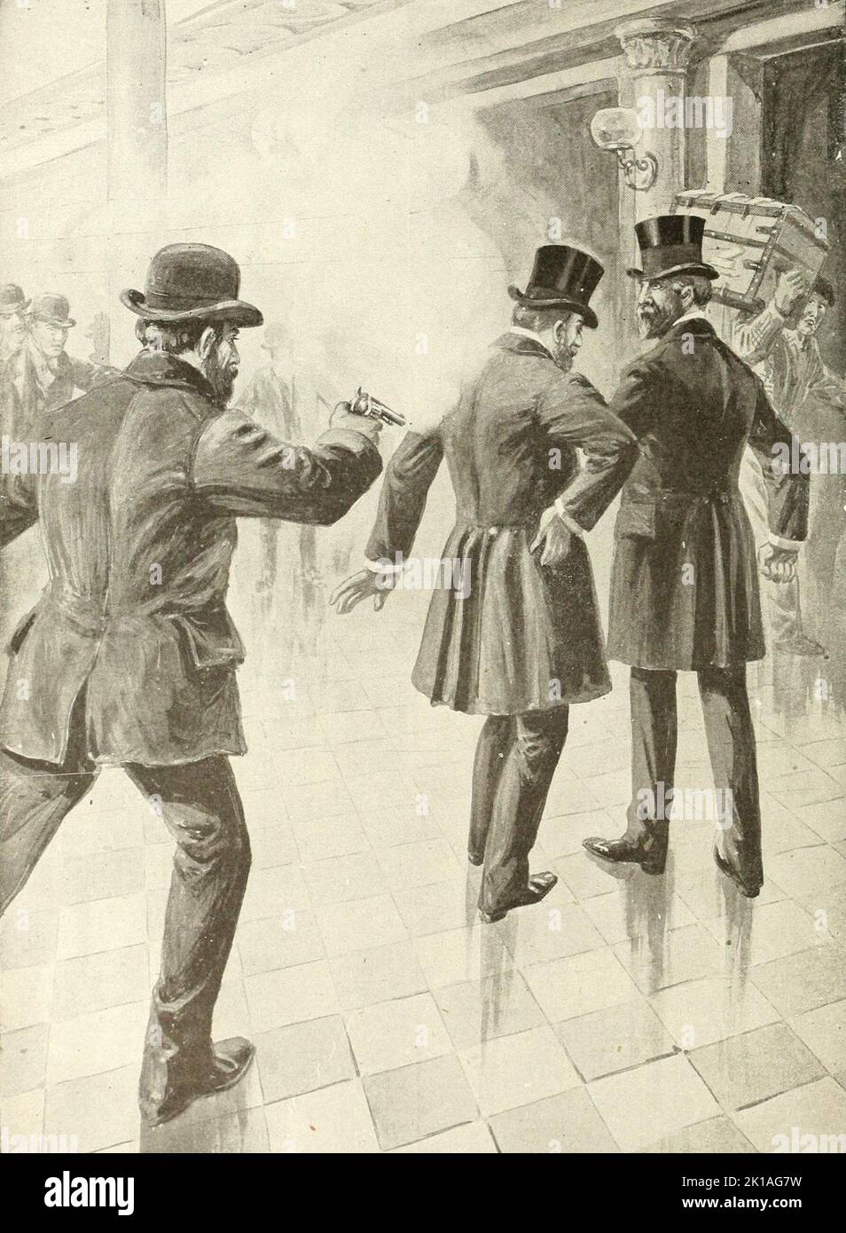The assassination of president James Garfield by Charles Guiteau on July 2nd 1881. Garfield was not killed by the bullet but died, probably from sepsis, two months later on September 19th 1881. Stock Photo