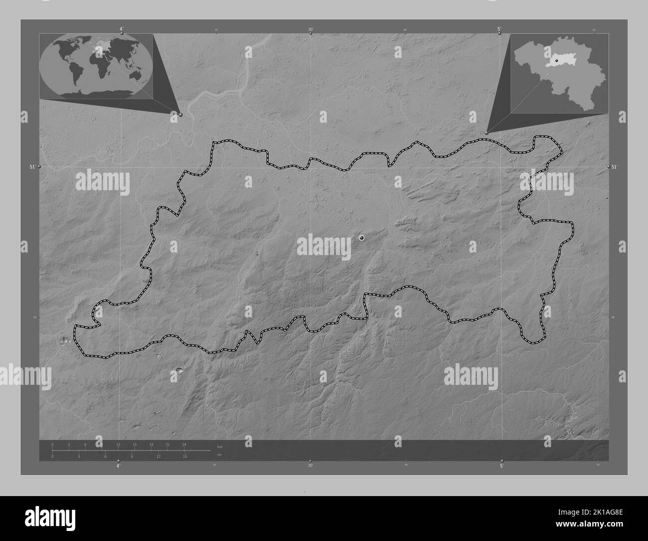 Vlaams Brabant, province of Belgium. Grayscale elevation map with lakes