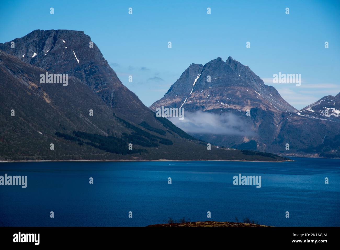 Aldersundet is a sund between Aldra Island and the mainland of Helgelands coast in Nordland county in central Norway. Stock Photo
