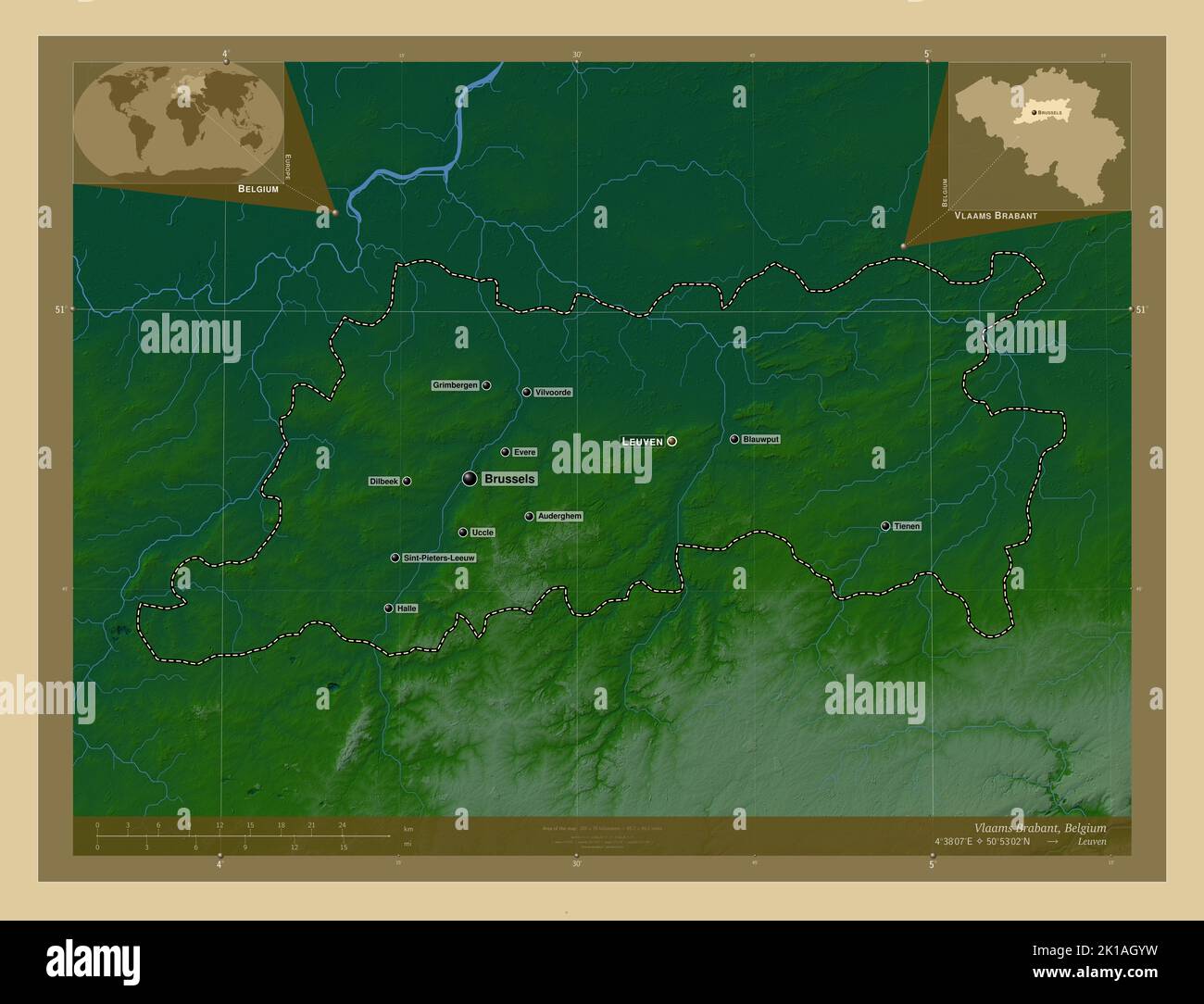 Vlaams Brabant, province of Belgium. Colored elevation map with lakes ...