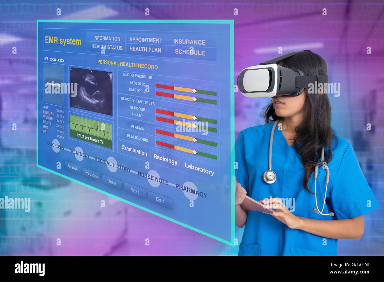 Female doctor wearing 3D virtual reality glasses using virtual electronic medical record to find