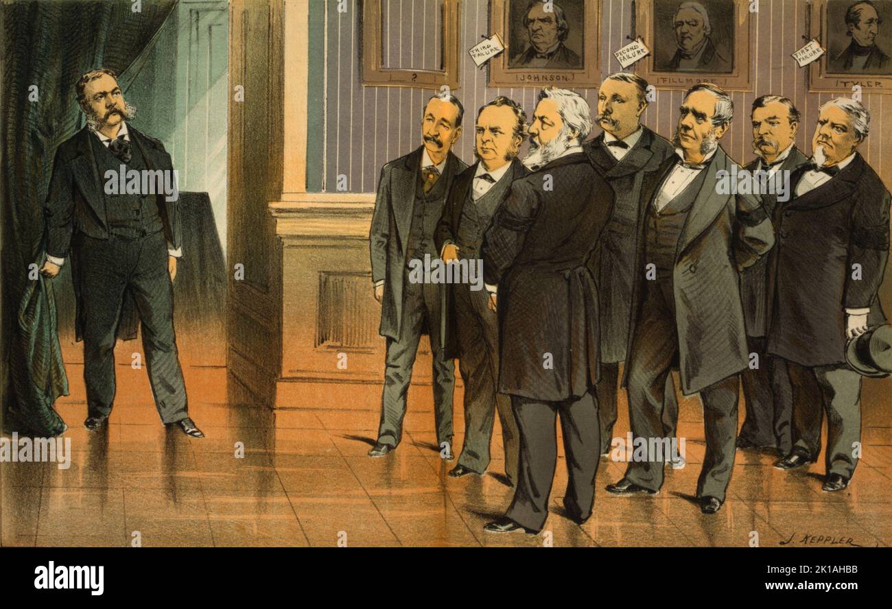 An 1881 Puck cartoon, in which Chester Arthur faces the cabinet after President Garfield was shot. Stock Photo