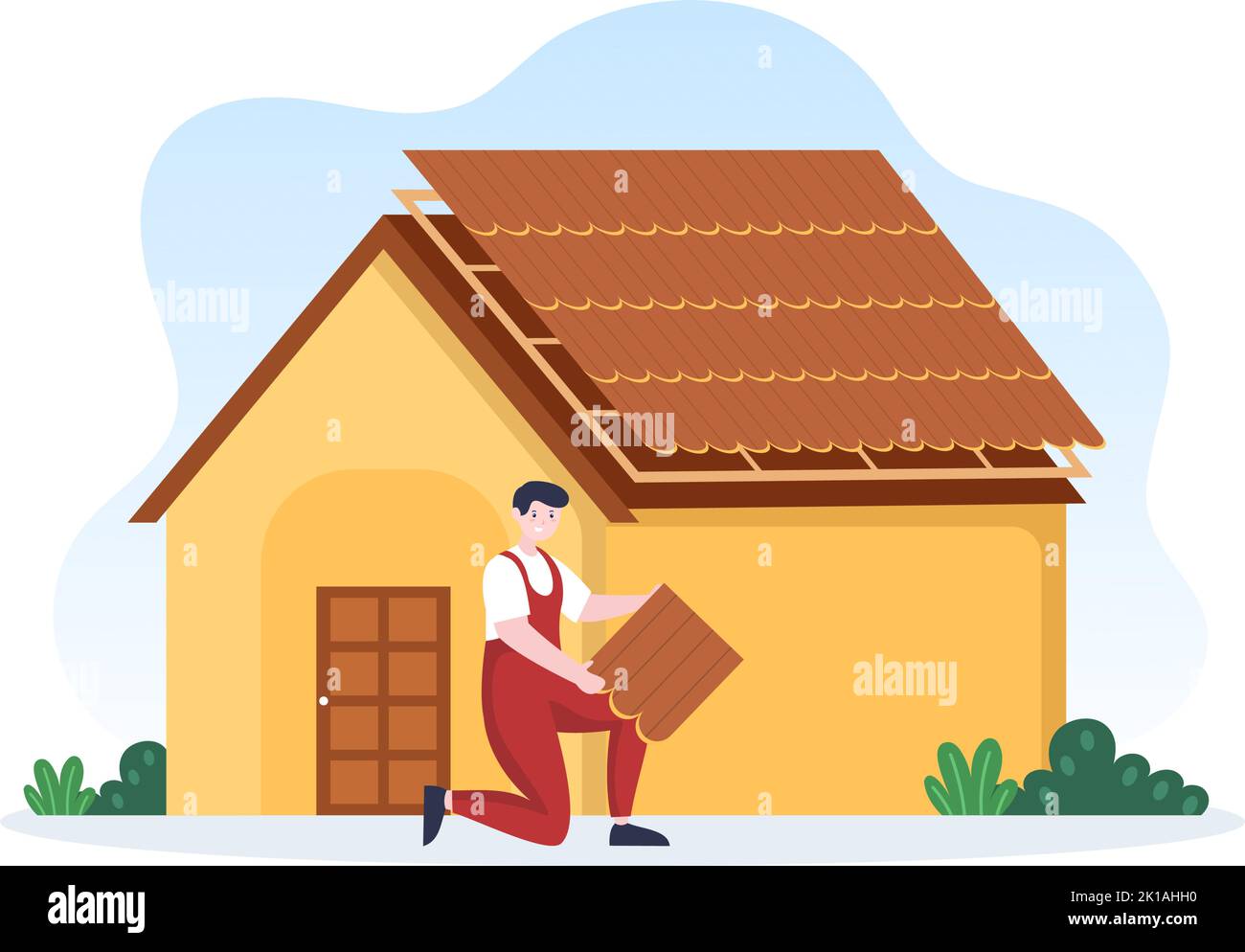 Roofing Construction Workers Template Hand Drawn Cartoon Flat