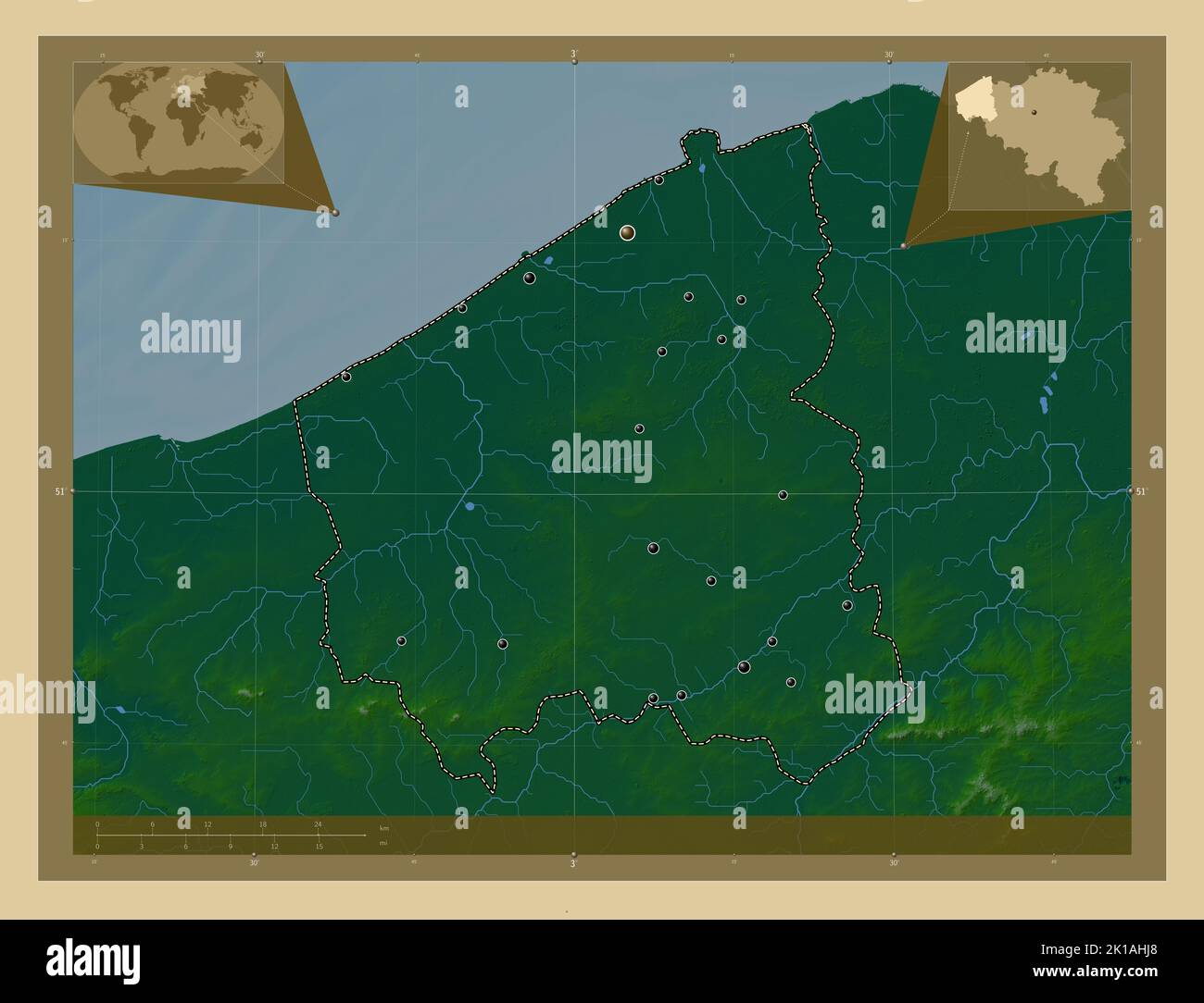 West-Vlaanderen, province of Belgium. Colored elevation map with lakes ...