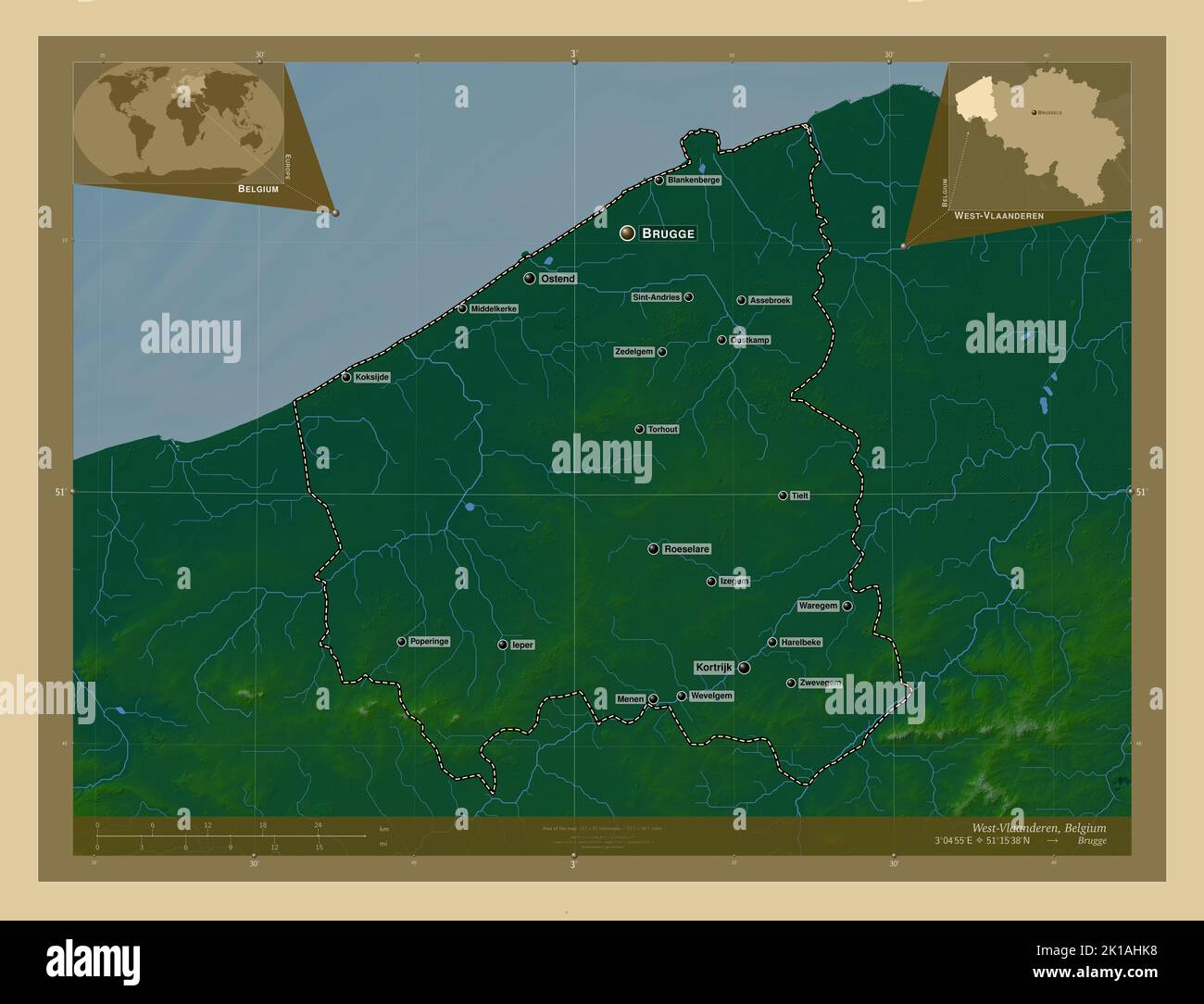 West-Vlaanderen, province of Belgium. Colored elevation map with lakes ...