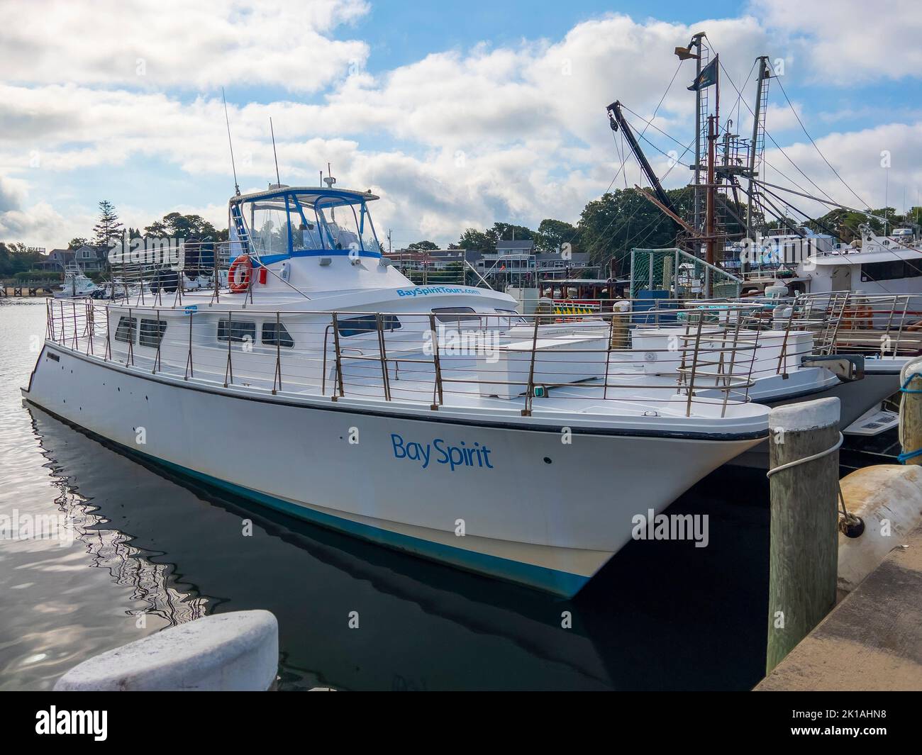 Bay Spirit Tours ship docked at Hyannis Port in town of Barnstable, Cape Cod, Massachusetts MA, USA. Stock Photo
