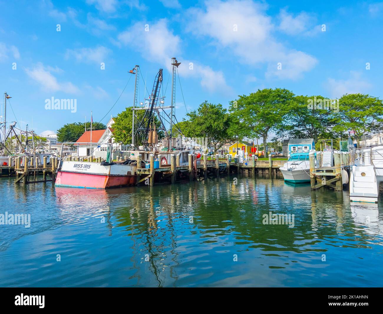 Fishing boat Miss Iris docked at Hyannis Port in town of Barnstable, Cape Cod, Massachusetts MA, USA. Stock Photo