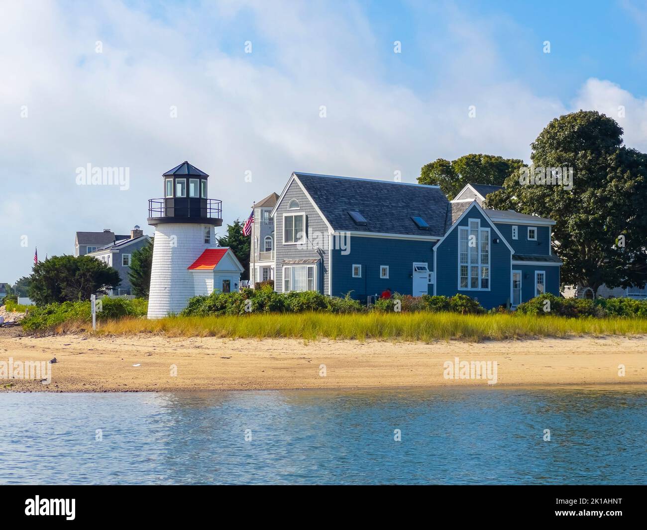 Hyannis Harbor Lighthouse was built in 1849 at Hyannis Harbor in Lewis Bay, village of Hyannis, town of Barnstable, Cape Cod, Massachusetts MA, USA. Stock Photo