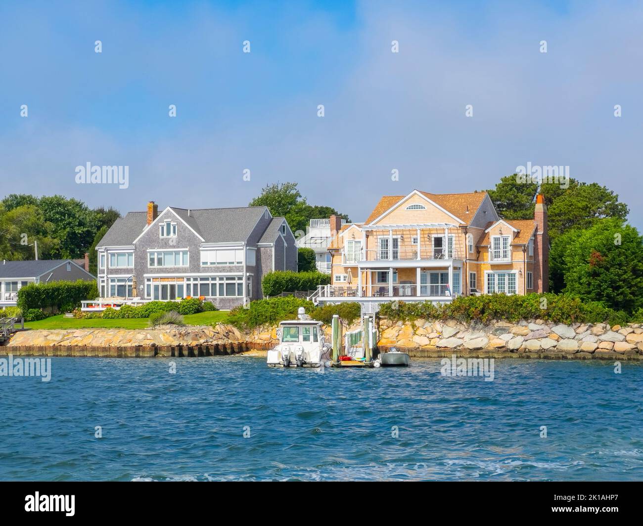 Historic waterfront houses at Lewis Bay in village of Hyannis, town of