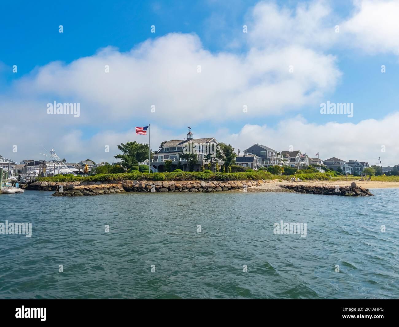 Historic waterfront houses at Lewis Bay in village of Hyannis, town of Barnstable, Cape Cod, Massachusetts MA, USA. Stock Photo