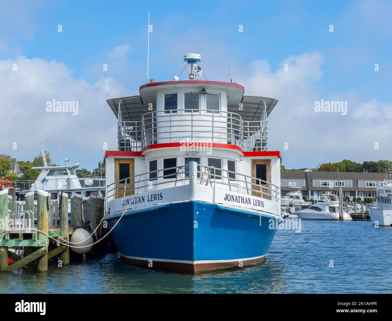 Hy Line Cruises ship Jonathan Lewis docked at Hyannis Port in town of Barnstable, Cape Cod, Massachusetts MA, USA. Stock Photo