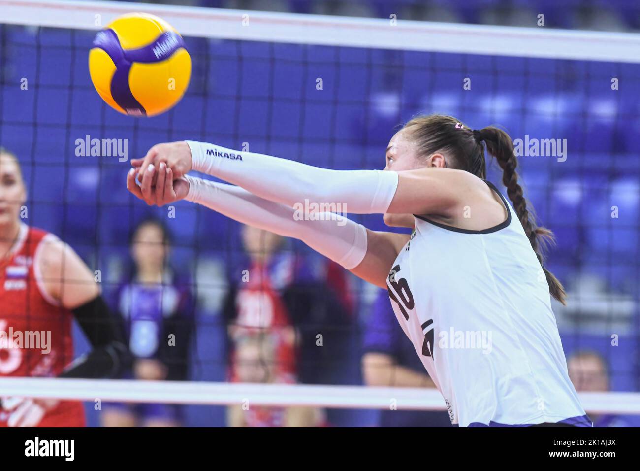 Moscow, Russia. 16th Sep, 2022. Vera Kostuchik of the Belarusian women's national volleyball team seen in action during a friendly match between Russia and Belarus. Russia won a friendly match 5-2. Credit: SOPA Images Limited/Alamy Live News Stock Photo