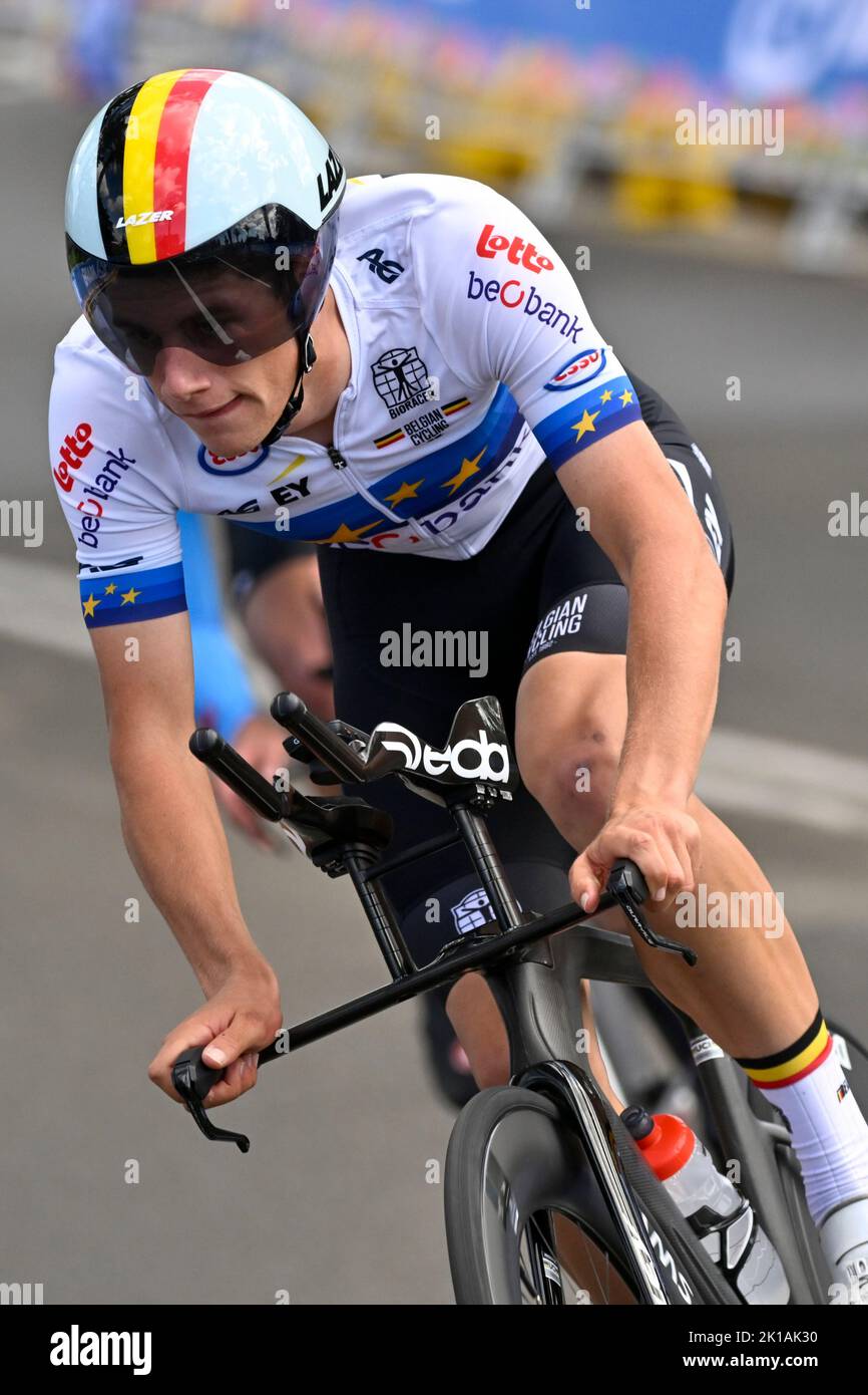 Belgian Alec Segaert pictured during time trial training at the UEC Road European Championships, in Drenthe province, north-east of The Netherlands, Tuesday 19 September 2023