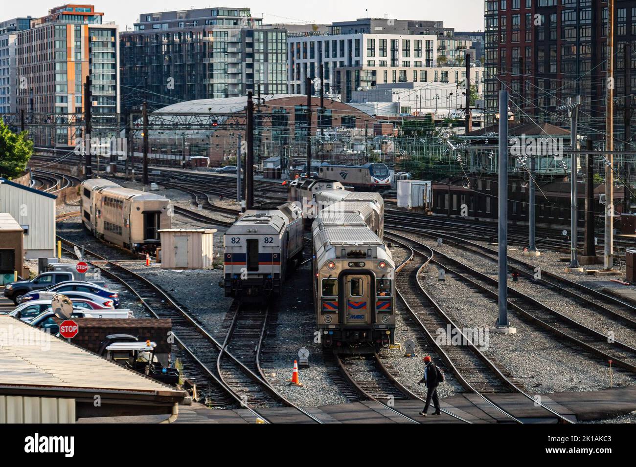 Amtrak trains stand along the tracks. President Joe Biden announced a
