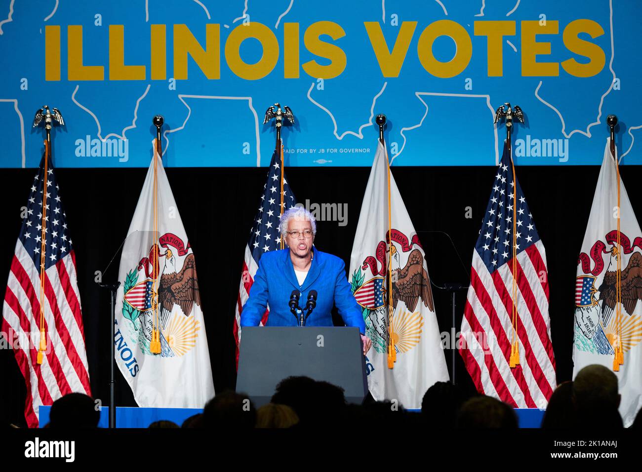 Chicago, Illinois. 16th Sep, 2022. Toni Preckwinkle, Cook County Commissioner, participates in a political event with Governor J.B. Pritzker (Democrat of Illinois) and United States Vice President Kamala Harris at the University of Illinois, in Chicago, Illinois, on September 16, 2022. Credit: Mustafa Hussain/Pool via CNP/dpa/Alamy Live News Stock Photo