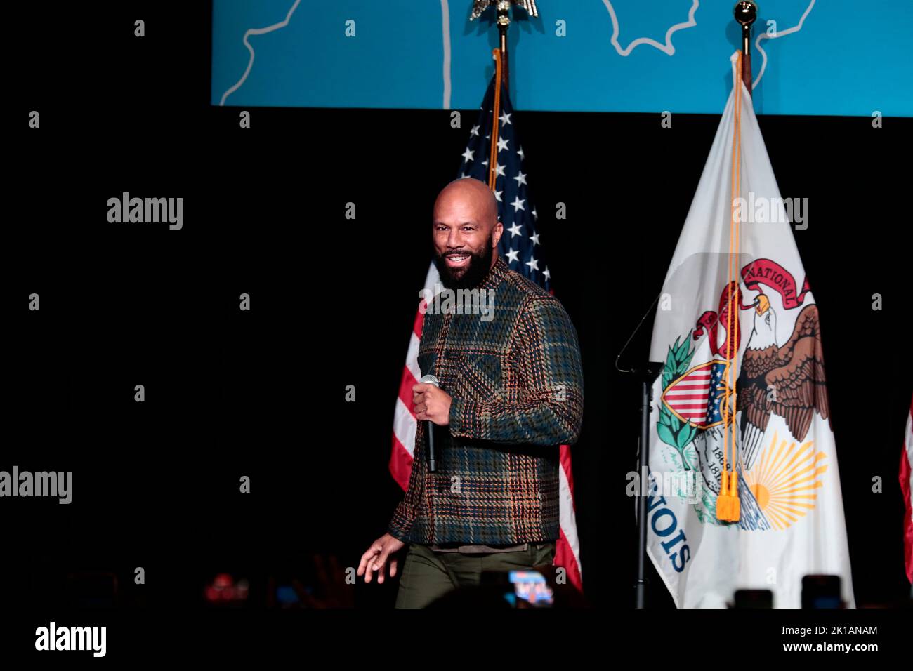 Chicago, Illinois. 16th Sep, 2022. American rapper and actor Lonnie Rashid Lynn, known by his stage name Common, participates in a political event with Governor J.B. Pritzker (Democrat of Illinois) and United States Vice President Kamala Harris at the University of Illinois, in Chicago, Illinois, on September 16, 2022. Credit: Mustafa Hussain/Pool via CNP/dpa/Alamy Live News Stock Photo