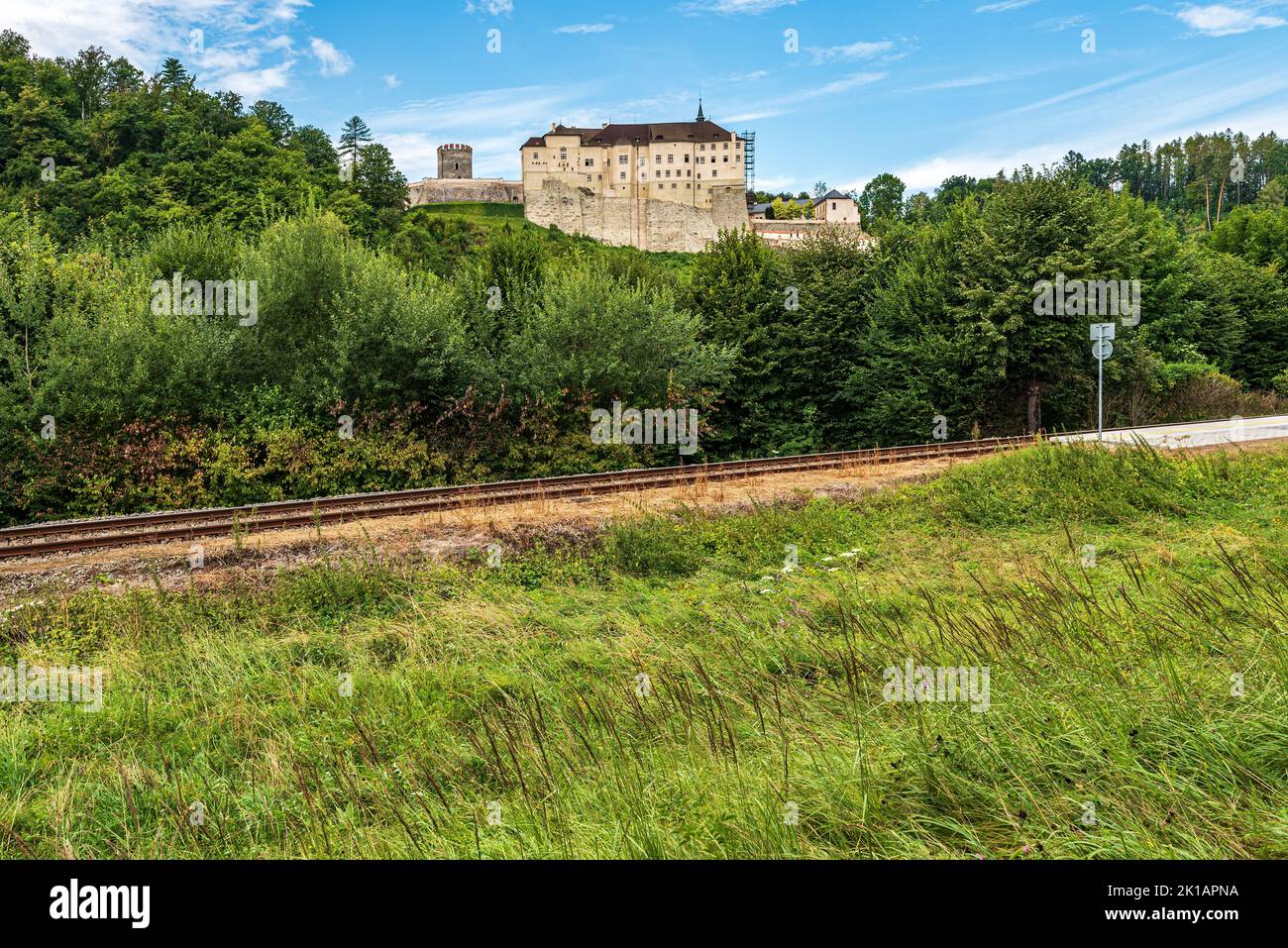 Cesky Strenberk castle with railroad track on the frontside in Czech republic Stock Photo