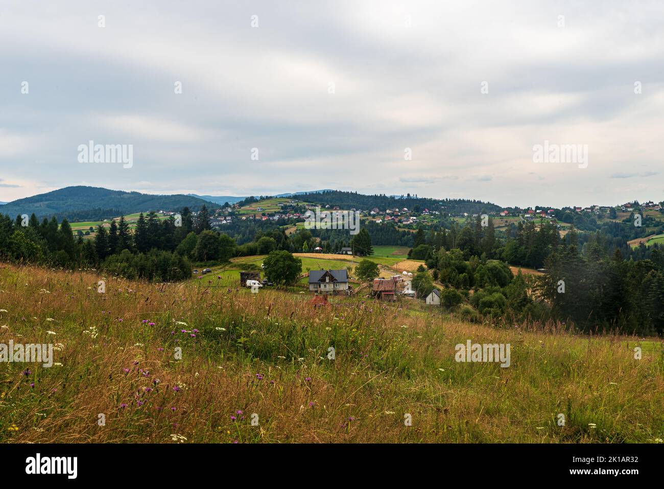 Jaworzynka village with hilly landscape with mix of meadows and forest covered hills around in Poland near borders with Czech republic and Slovakia Stock Photo