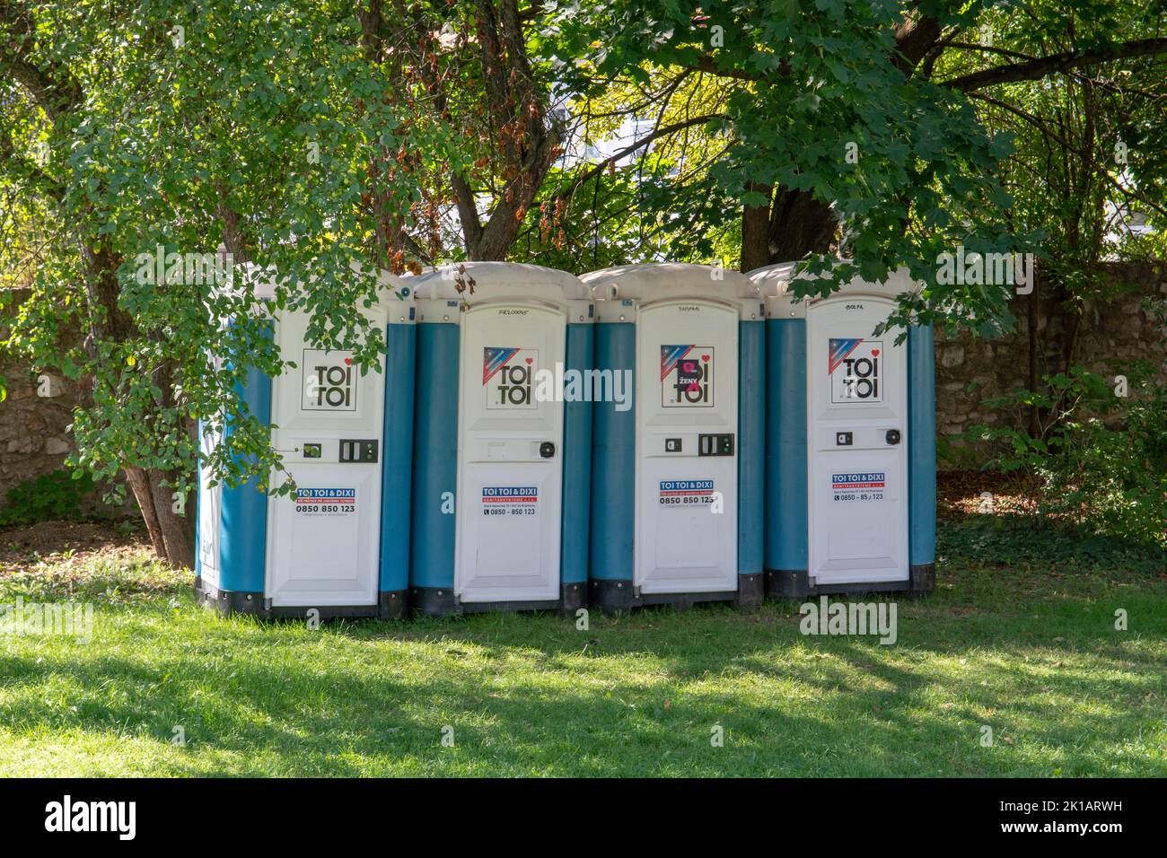 Banska Bystrica, Slovakia - September, 3, 2022 : Toi Toi portable public toilets in the city park. Banska Bystrica. Slovakia. Stock Photo