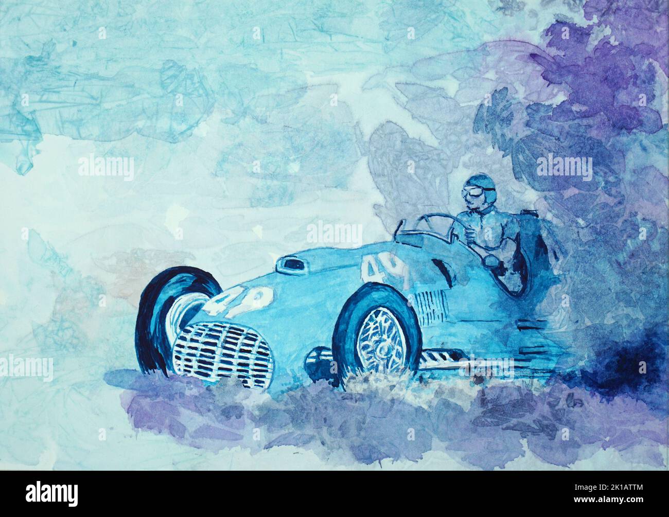 Painting of Vintage Racing Car in blue monotone Stock Photo