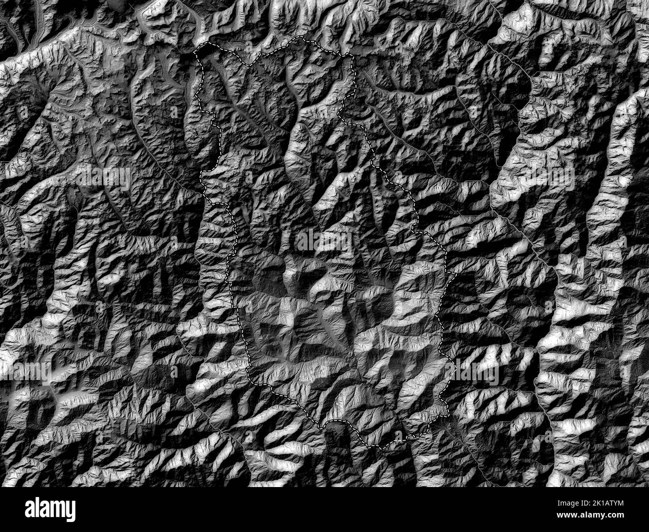 Bumthang, district of Bhutan. Bilevel elevation map with lakes and rivers Stock Photo