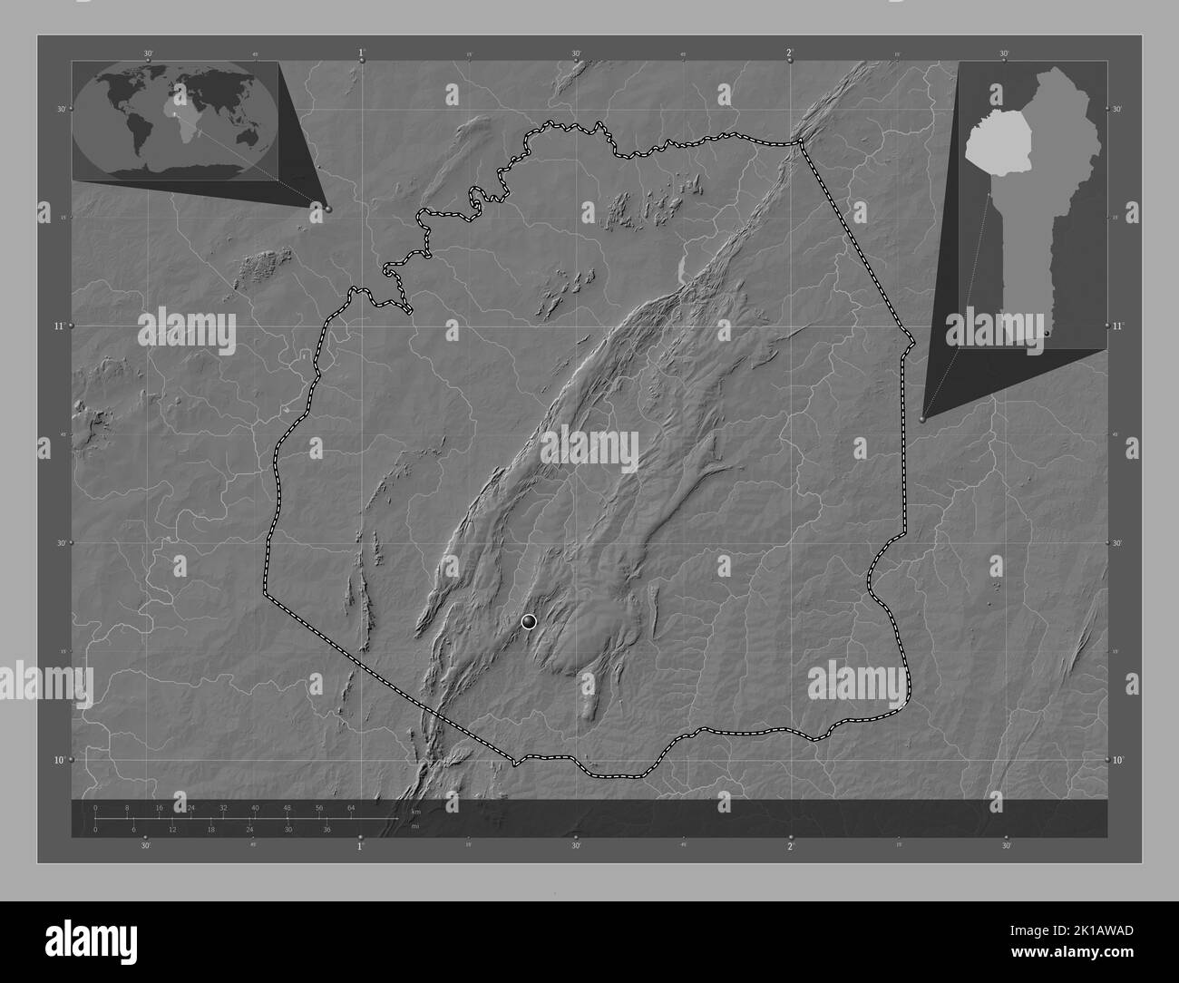 Atakora, department of Benin. Bilevel elevation map with lakes and