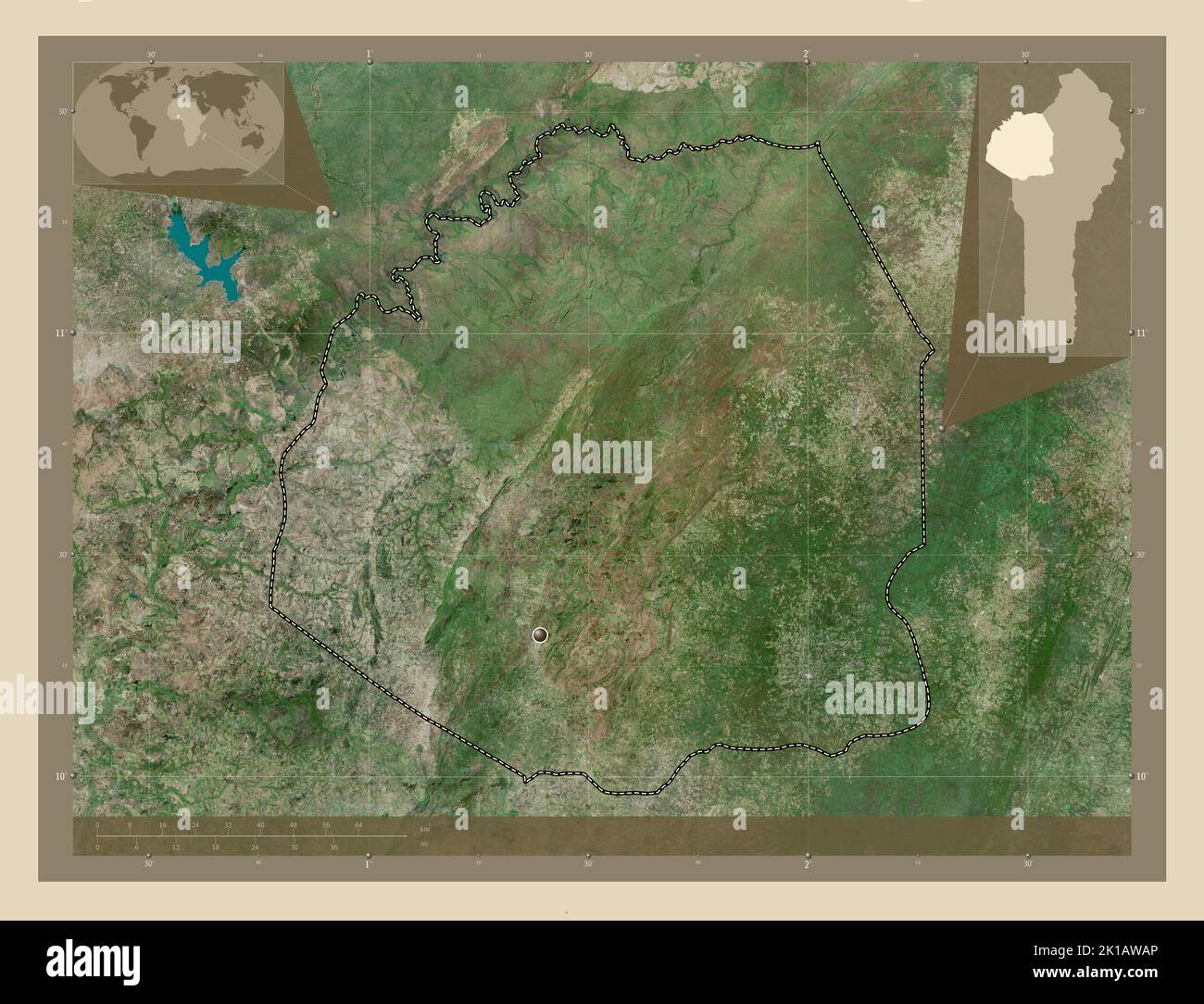 Atakora, department of Benin. High resolution satellite map. Corner