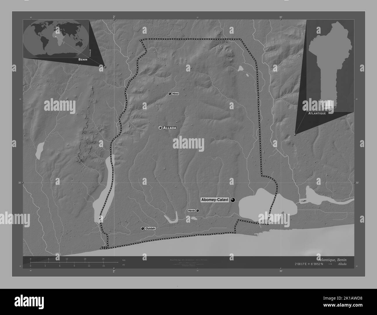 Atlantique, department of Benin. Bilevel elevation map with lakes and