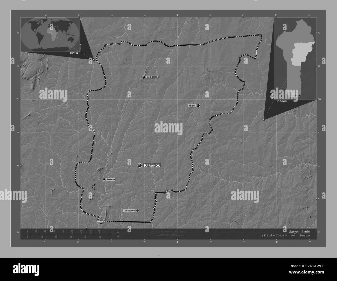 Borgou, department of Benin. Bilevel elevation map with lakes and