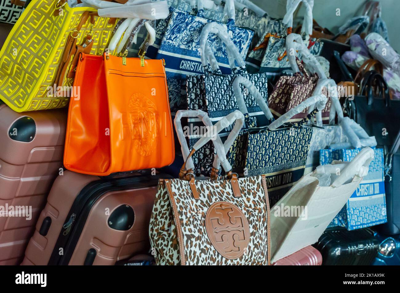 China, Hong Kong, Stanley Market, Shop Display of Fake Purses and Handbags  Stock Photo - Alamy