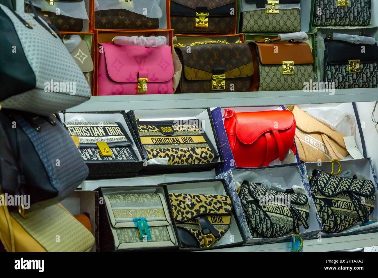 China, Hong Kong, Stanley Market, Shop Display of Fake Purses and Handbags  Stock Photo - Alamy